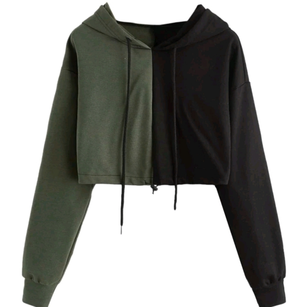 Two Tone Drawstring Crop Hoodie